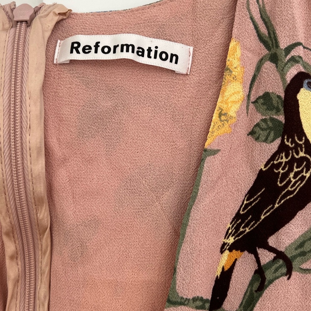Reformation Blush Dress with Bird and Floral Design